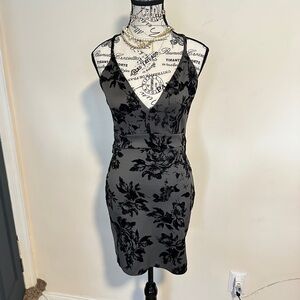 Gray with black velvet floral dress. Lace design with zipper in the back.